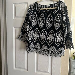 Black and White Embroidered Women's Top